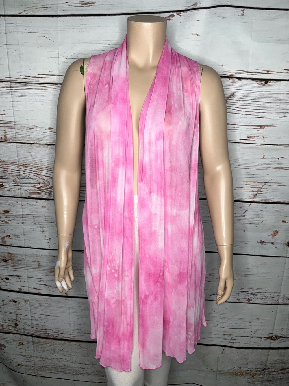 Susan Graver 1X Pink & White Tie Dye Mesh Sleeveless Open Front Vest Cardigan